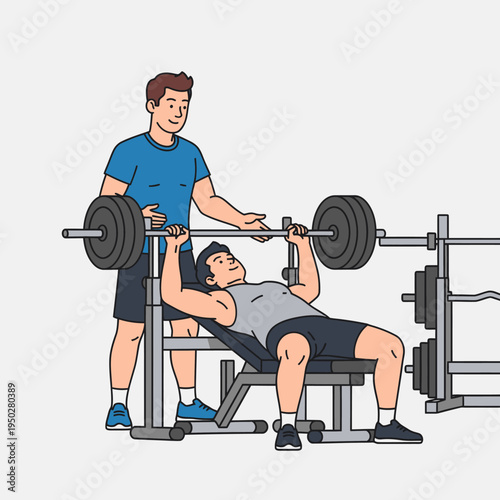 Man lifting weights on bench press with trainer spotting him in gym