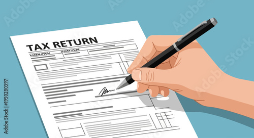 Person filling tax return form on a busy day with paperwork