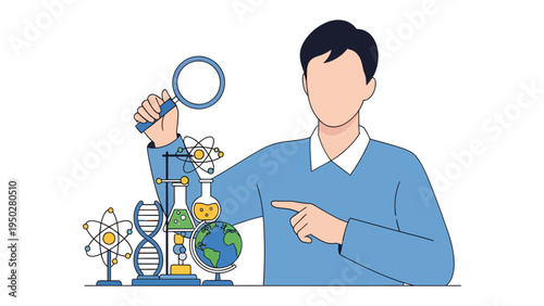 Science Exploration: A dedicated scientist delves into the wonders of science, examining a variety of scientific tools and models to deepen understanding.