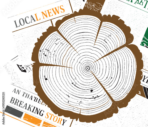 Tree ring cross section overlaying newspaper headlines about local news and breaking stories wood