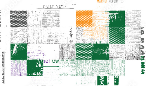 Newspaper collage with textured blocks of orange green grey and purple text fragments and dots