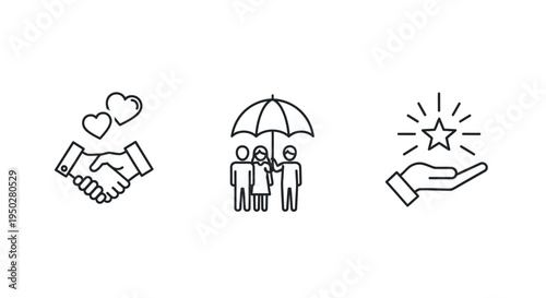Illustrations of support, protection, and recognition through simple icons