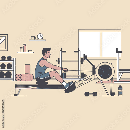 Man Rowing Machine Workout in Home Gym