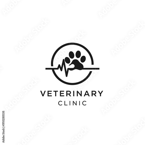 Veterinary clinic logo design with pet paw print heartbeat pulse symbol and medical emblem