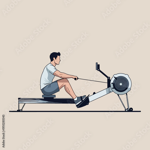 Man Rowing Machine Workout, Fitness Exercise, Indoor Cardio Training, Healthy Lifestyle