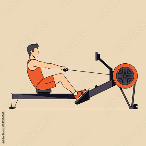 Man Rowing Machine Workout, Fitness Exercise, Healthy Lifestyle, Cardio Training
