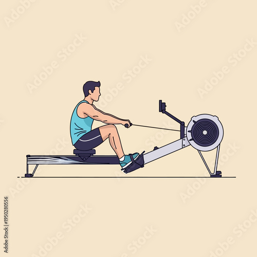 Man rowing machine workout, fitness exercise, healthy lifestyle, indoor gym training