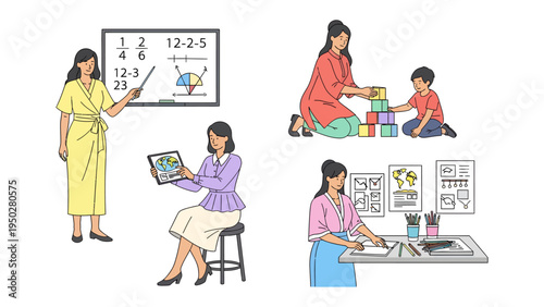 Education and Nurturing: A collage of educators engaging in activities such as teaching, assisting with learning, and drawing in an educational setting. 