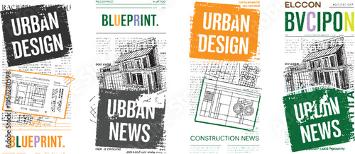 Four distinct panels featuring urban and construction news with architectural and text blueprint architecture