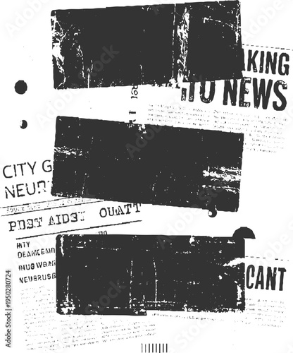 Black ink overlay on newspaper clippings with headlines and text white