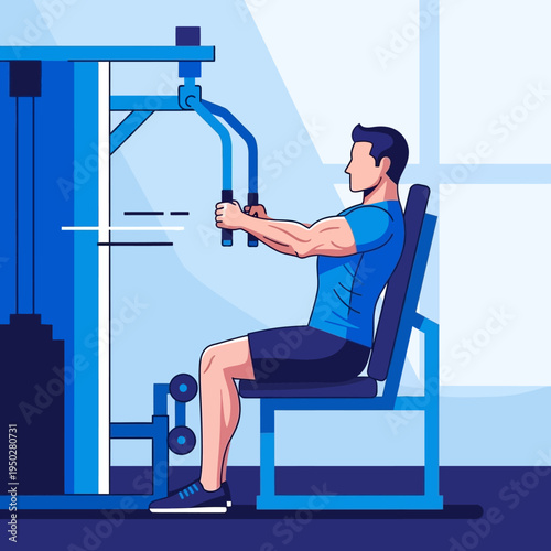 Man exercising chest on a cable crossover machine in a modern gym, blue tones