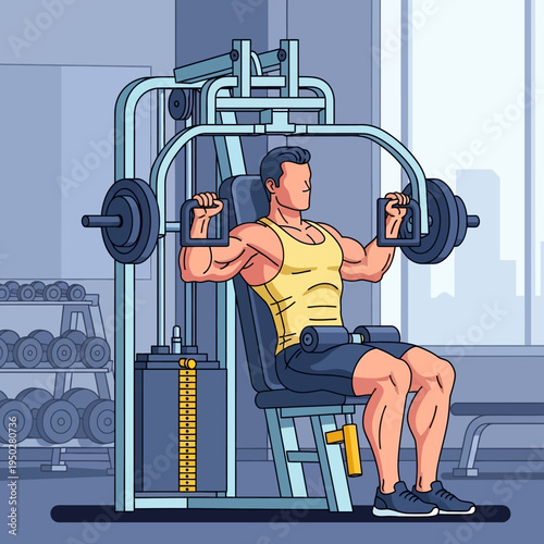 Man exercising chest muscles on a weight machine in a modern gym