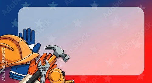 Labor day construction worker tools on american flag background poster banner download 2026 2027