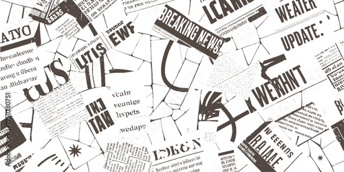Chaotic collage of fragmented newspaper clippings with bold headlines and text