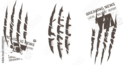 Brown claw marks tearing through breaking news headlines and emergency reports scratch