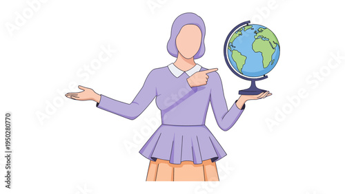 Woman Presenting Earth's Beauty: A poised woman gestures towards a globe, inviting the viewer to explore the world's wonders and promoting education.
