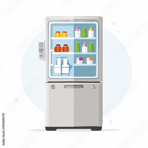 Cartoon refrigerator with open door, filled with food and beverages.