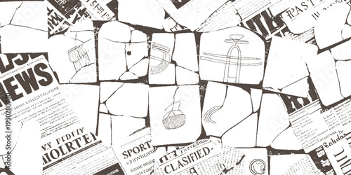 Abstract collage of fragmented newspaper clippings with hand drawn and text fragments