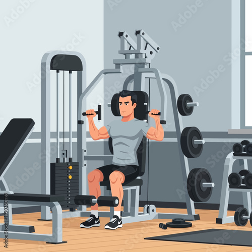Man exercising on a chest press machine in a modern gym, fitness and workout concept