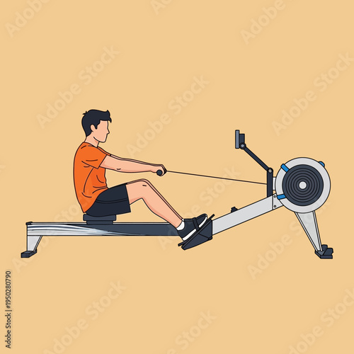 Man exercising on a rowing machine, indoor fitness, strength training, healthy lifestyle