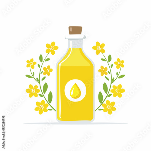 Bottle of golden oil surrounded by yellow flowers and green leaves, floral illustration.