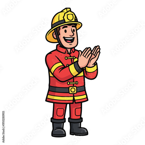 Friendly fireman in uniform clapping hands with smile