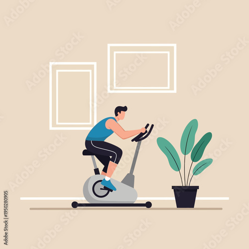 Man exercising on stationary bike at home, healthy lifestyle, indoor fitness