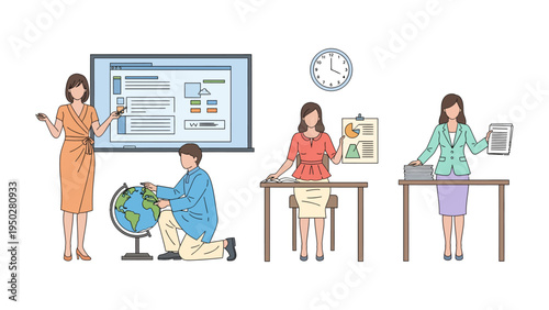 Instructional Synergy: Educators engaged in diverse activities within a dynamic educational setting, with each scene providing a glimpse of learning environments. 