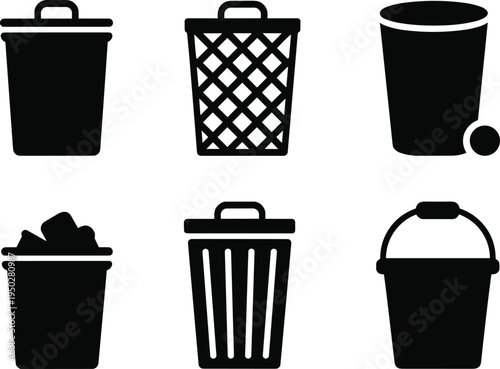 Black silhouette trash bin icons, wastebasket designs, recycling containers, garbage bucket, mesh basket, filled bin, vector illustration, user interface, waste management graphics