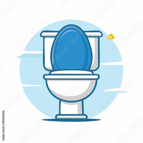 Cartoon illustration of a white toilet with a blue seat in a bathroom environment