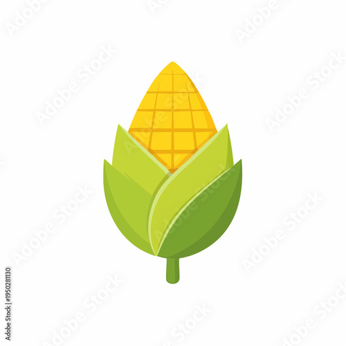 Cartoon Corn on the Cob with Green Husk and Stalk, Isolated, Vector Illustration