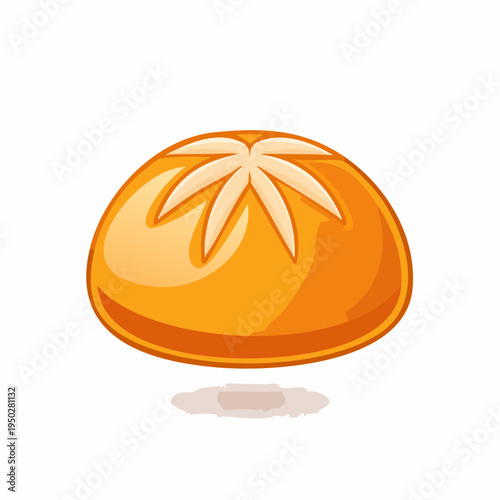 Cartoon illustration of a baked bun, featuring a golden crust and floral design.
