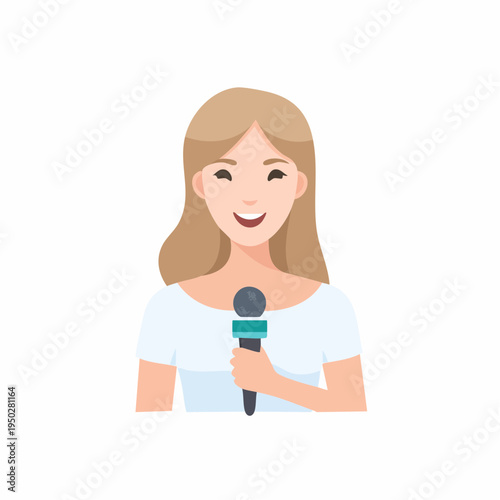 Cartoon woman holding a microphone and smiling happily