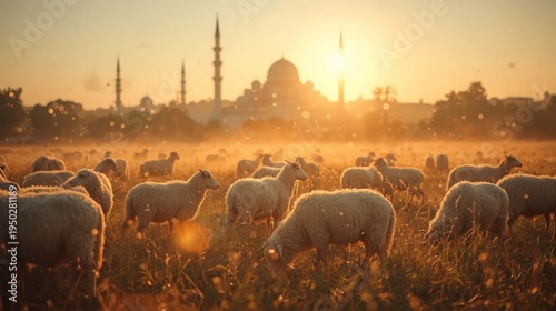 Flock of sheep grazing in a glowing field at golden sunset with a mosque and minarets in the background, creating a peaceful Islamic atmosphere perfect for Eid al-Adha themes.