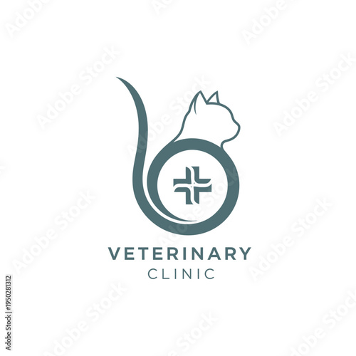 Abstract cat silhouette with medical cross icon for professional veterinary clinic logo