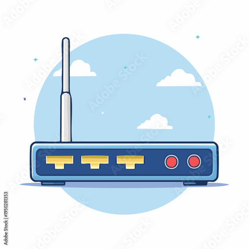 Cartoon illustration of a network router with antenna and connection ports