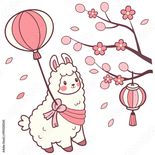 Charming SVG of a Bashful Alpaca featuring with a balloon, styled in a Cherry Blossom Festival theme with Sakura Breeze hues