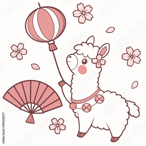 Surprised Alpaca with with a balloon, set in a charming Cherry Blossom Festival theme – Sakura Breeze color vector art