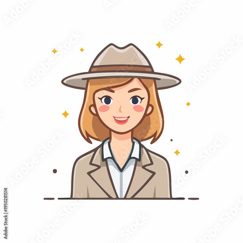 Smiling woman in fedora hat, detective or adventurer cartoon illustration.