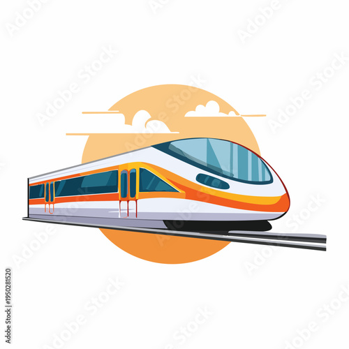 Modern passenger train illustration with sun and clouds