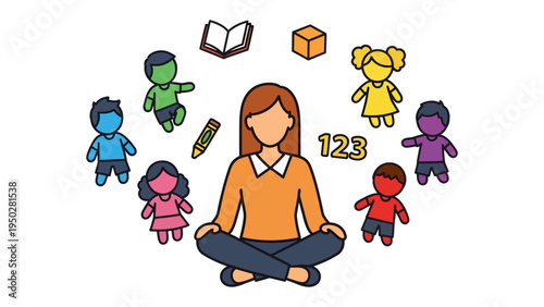 Enlightening Circle of Learners: A nurturing teacher, surrounded by a diverse circle of young students, fosters a world of learning and imagination.