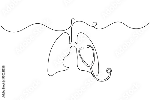Continuous one line drawing human lungs with stethoscope minimalist medical diagnostic line art outline vector