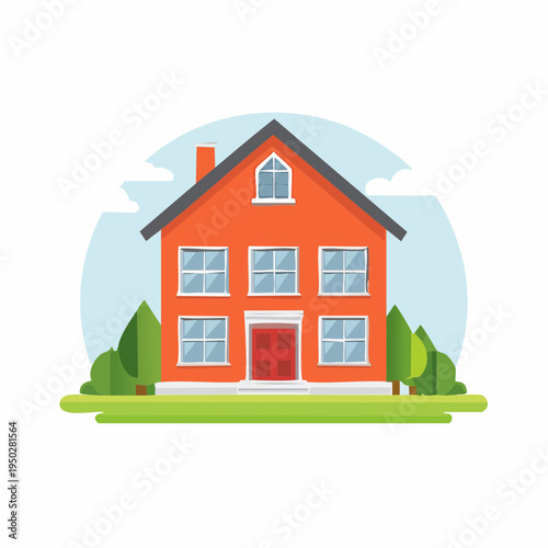 Cartoon illustration of a two-story red house with trees and green grass