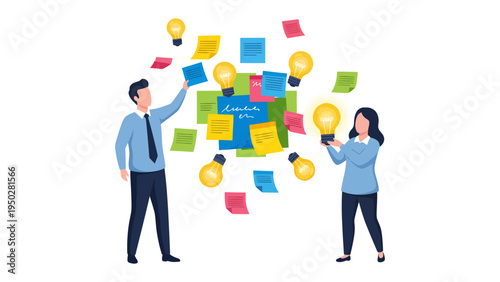 Brainstorming Innovation: Two individuals collaborate in a dynamic brainstorming session, surrounded by illuminated ideas represented by vibrant sticky notes and glowing light bulbs.