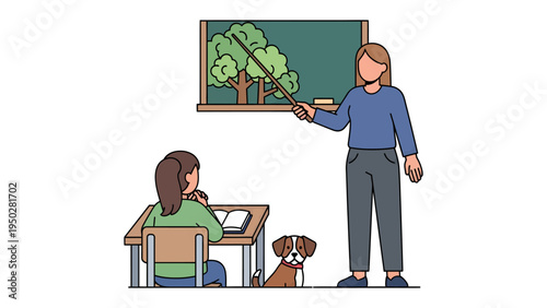 Education in Harmony: Teacher in classroom is teaching student about nature with the accompany of dog.  Inspiring the next generation through education.