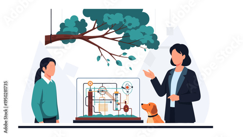Scientific Breakthrough: An animated scene depicts two women and a dog engaged in scientific observation in lab, accompanied by a tree branch