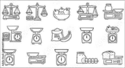 Collection of kitchen scales and weighing instruments with food items
