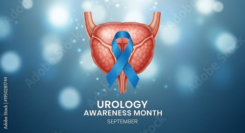 Human urinary organ illustration adorned with a blue awareness ribbon set against a blurred blue background