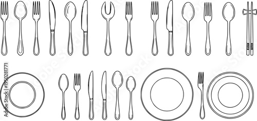 Simple line drawings of cutlery and table settings: forks, knives, spoons, plates, chopsticks
