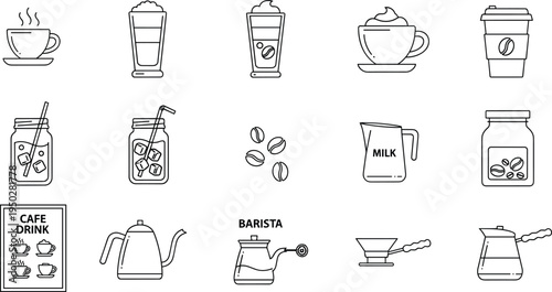 Coffee Shop and Barista Icon Set Featuring Espresso Latte Iced Coffee Beans Milk Pitcher and Gourmet Brewing Equipment Graphics for Cafe Menus